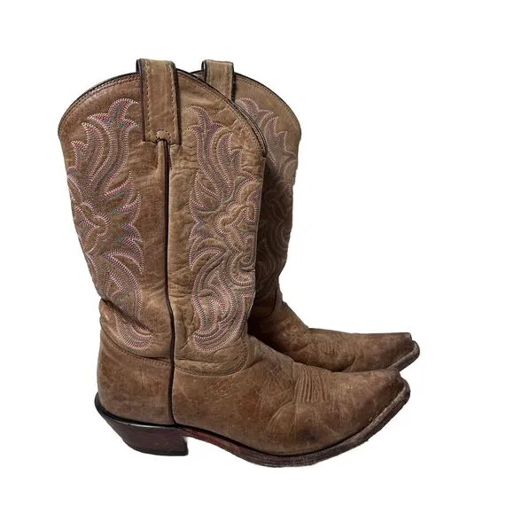 Tony Lama Boots Womens 8B Cowgirl Tan Neutral Leather Snip Toe Western Rodeo