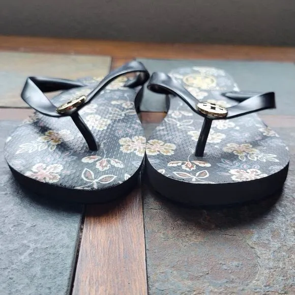 Tory Burch Black Floral Gold Flip Flop Sandals