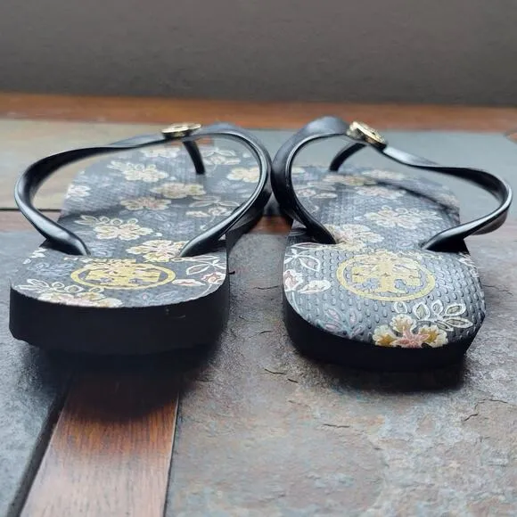 Tory Burch Black Floral Gold Flip Flop Sandals
