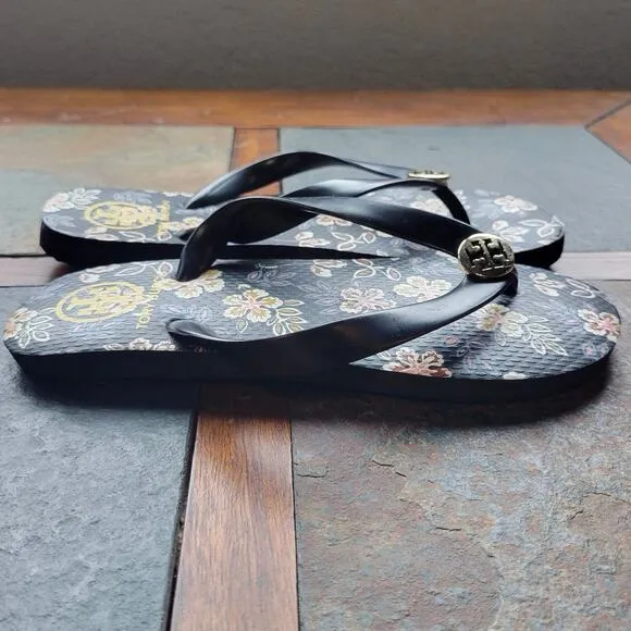 Tory Burch Black Floral Gold Flip Flop Sandals