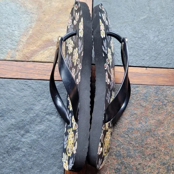 Tory Burch Black Floral Gold Flip Flop Sandals