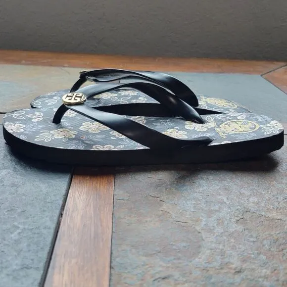 Tory Burch Black Floral Gold Flip Flop Sandals
