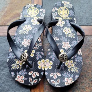Tory Burch Black Floral Gold Flip Flop Sandals