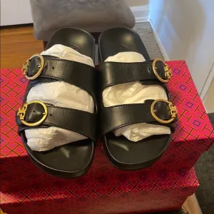Tory Burch Black Sandals with Gold Buckles