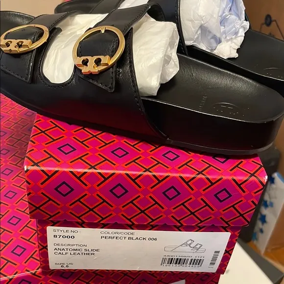 Tory Burch Black Sandals with Gold Buckles