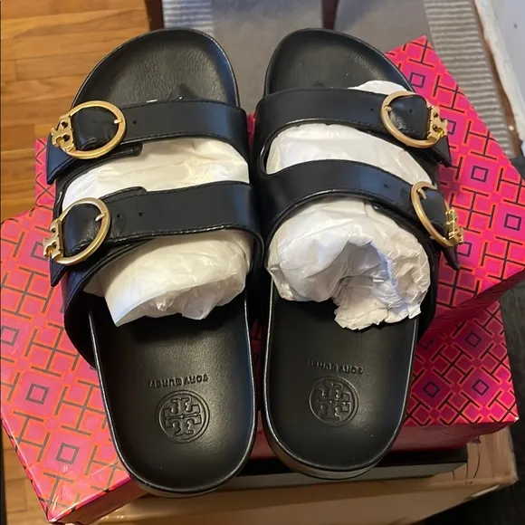 Tory Burch Black Sandals with Gold Buckles
