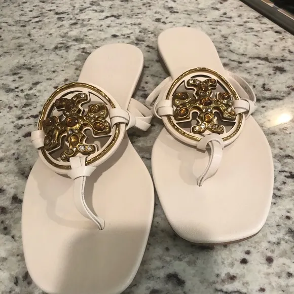 Tory Burch Cream Gold Sandals with Ornate Medallions