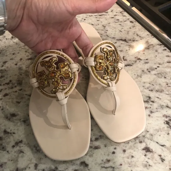 Tory Burch Cream Gold Sandals with Ornate Medallions