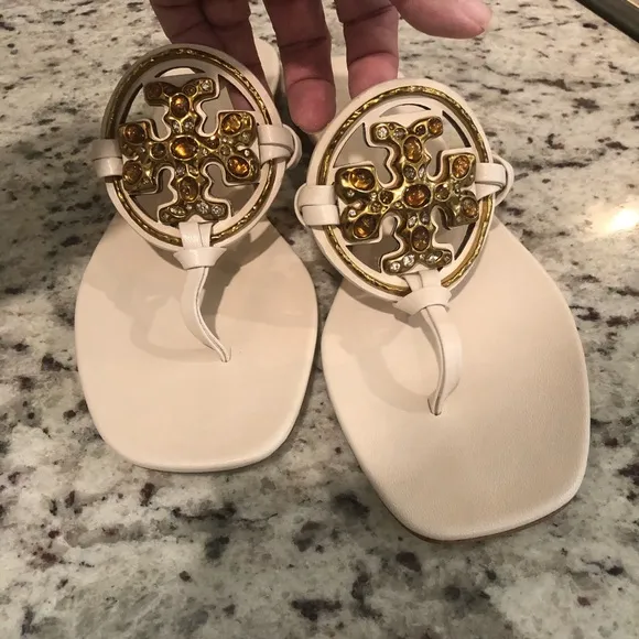 Tory Burch Cream Gold Sandals with Ornate Medallions