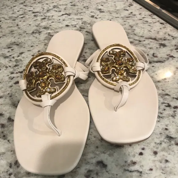 Tory Burch Cream Gold Sandals with Ornate Medallions