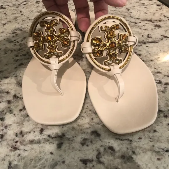 Tory Burch Cream Gold Sandals with Ornate Medallions