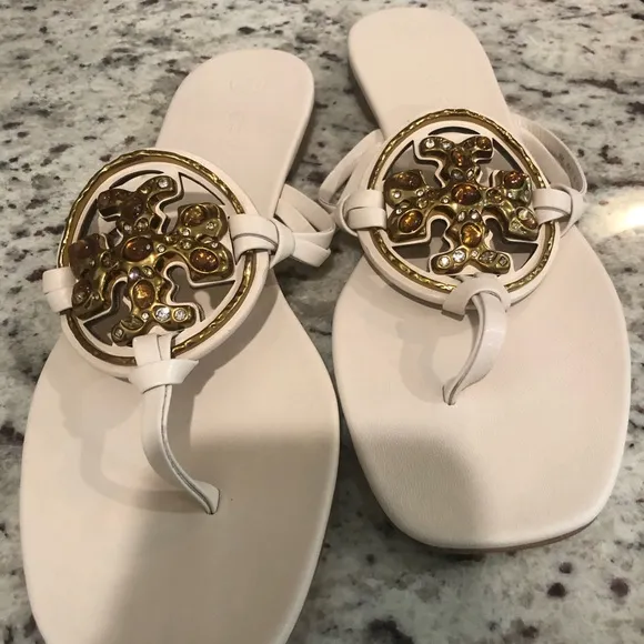 Tory Burch Cream Gold Sandals with Ornate Medallions