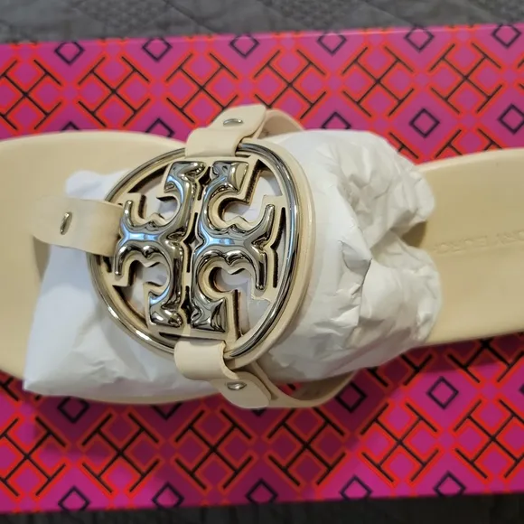 Tory Burch Cream Sandals with Silver Logo