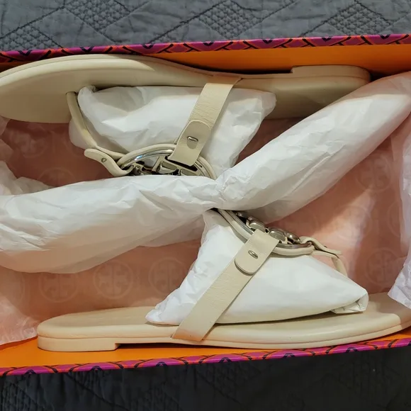 Tory Burch Cream Sandals with Silver Logo