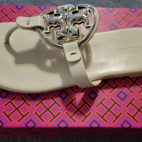 Tory Burch Cream Sandals with Silver Logo
