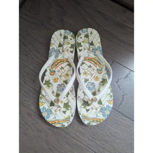 Tory Burch Emory Logo Floral With Birds Flip Flop Sandals Size 10