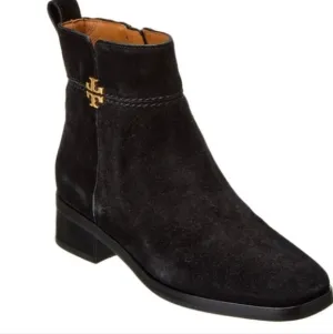 Tory Burch Everly Flat Black Logo Suede Ankle Boots... Size 7.5