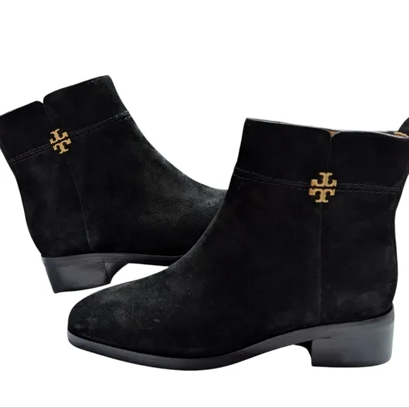 Tory Burch Everly Flat Black Logo Suede Ankle Boots... Size 7.5