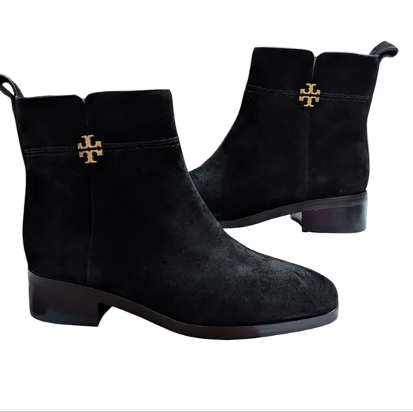 Tory Burch Everly Flat Black Logo Suede Ankle Boots... Size 7.5