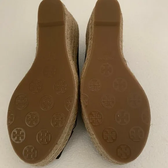 TORY BURCH FILIPA CANVAS ESPADRILLE BLACK SHOES WEDGE LOGO 10