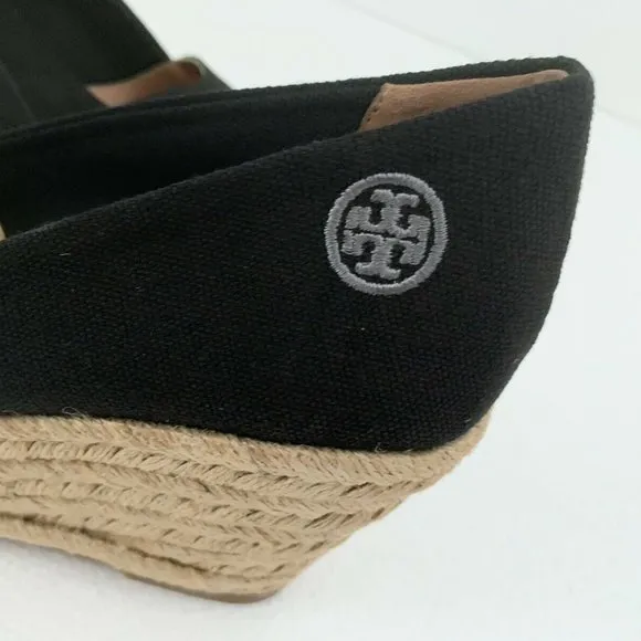 TORY BURCH FILIPA CANVAS ESPADRILLE BLACK SHOES WEDGE LOGO 10