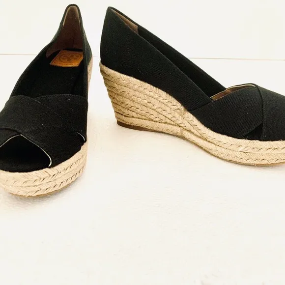 TORY BURCH FILIPA CANVAS ESPADRILLE BLACK SHOES WEDGE LOGO 10