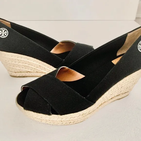 TORY BURCH FILIPA CANVAS ESPADRILLE BLACK SHOES WEDGE LOGO 10