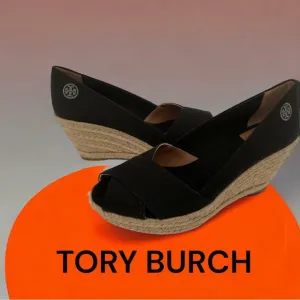 TORY BURCH FILIPA CANVAS ESPADRILLE BLACK SHOES WEDGE LOGO 10