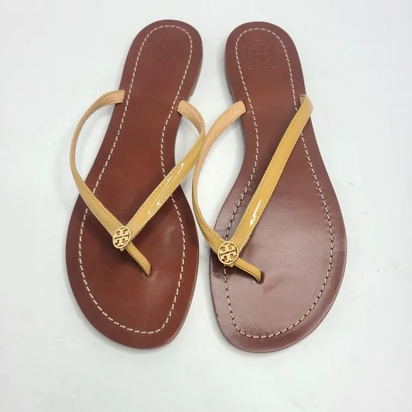 Tory Burch Flip Flops 9.5 Terra Thong Leather Yellow Sandals