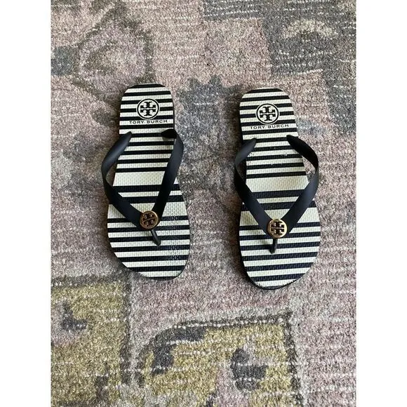 Tory Burch Flip Flops Black and White Stripes