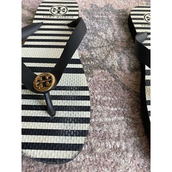 Tory Burch Flip Flops Black and White Stripes