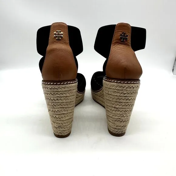 Tory Burch Frieda platform Espadrille Wedge Sandals Black Size 6.5