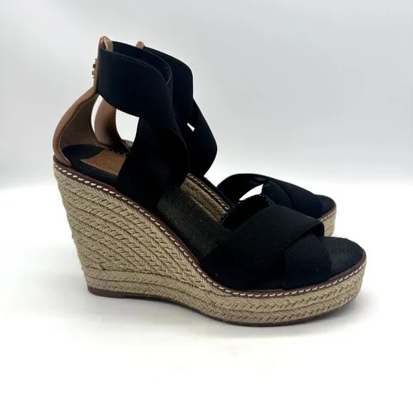 Tory Burch Frieda platform Espadrille Wedge Sandals Black Size 6.5