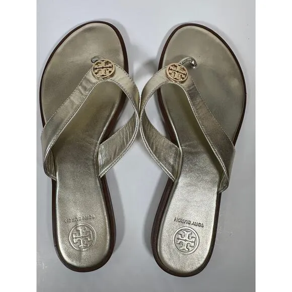 Tory Burch Gold Leather Designer Thong Sandals Flip Flops Sz 8 M