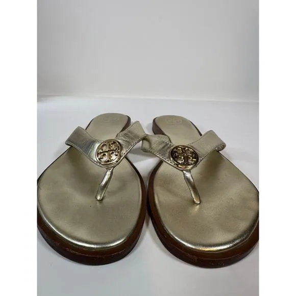 Tory Burch Gold Leather Designer Thong Sandals Flip Flops Sz 8 M