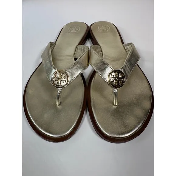 Tory Burch Gold Leather Designer Thong Sandals Flip Flops Sz 8 M