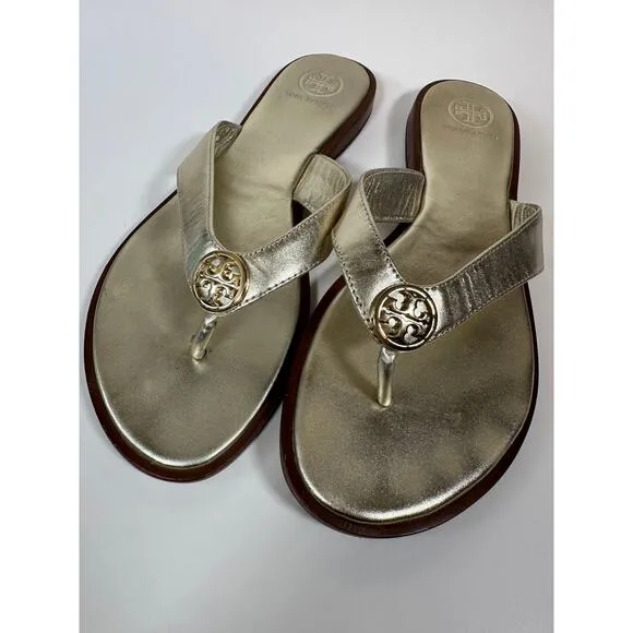 Tory Burch Gold Leather Designer Thong Sandals Flip Flops Sz 8 M