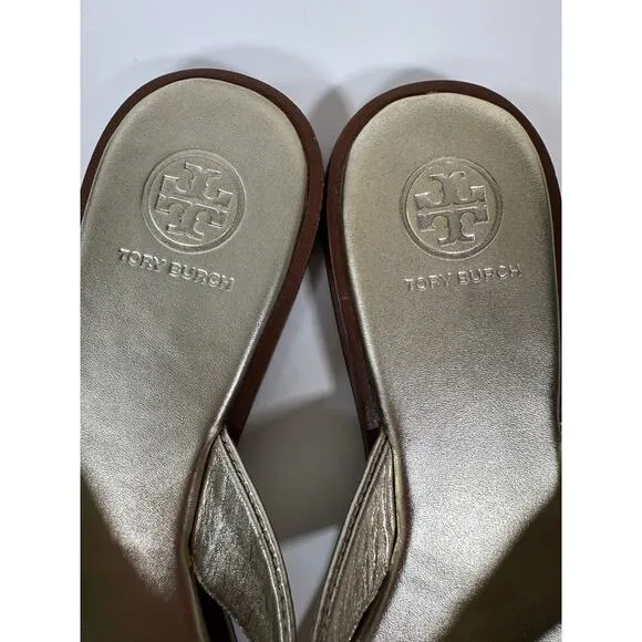 Tory Burch Gold Leather Designer Thong Sandals Flip Flops Sz 8 M