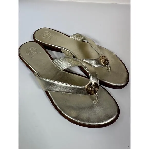 Tory Burch Gold Leather Designer Thong Sandals Flip Flops Sz 8 M