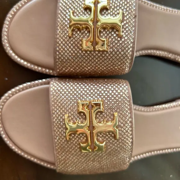 Tory Burch Gold Logo/ muted pink Slide Sandals with Crystal Embellishments