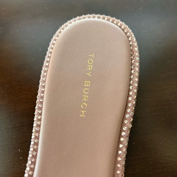 Tory Burch Gold Logo/ muted pink Slide Sandals with Crystal Embellishments
