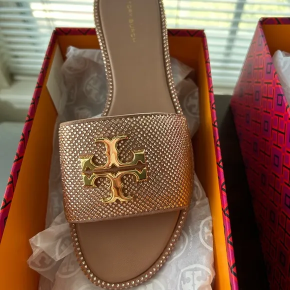 Tory Burch Gold Logo/ muted pink Slide Sandals with Crystal Embellishments