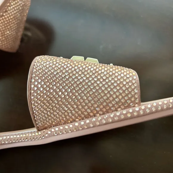 Tory Burch Gold Logo/ muted pink Slide Sandals with Crystal Embellishments