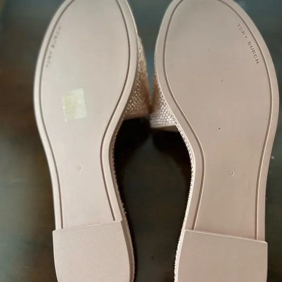 Tory Burch Gold Logo/ muted pink Slide Sandals with Crystal Embellishments