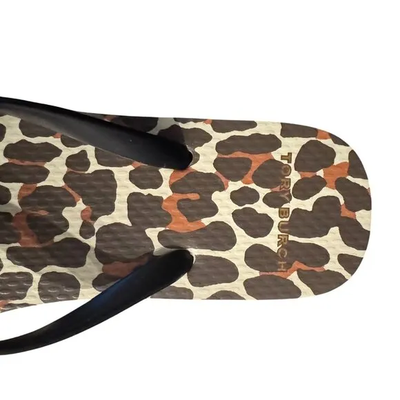 Tory Burch Leopard Print Flip Flop Sandals Women's Gold Logo, Size 6M NWOB