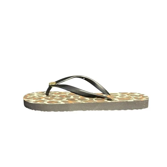 Tory Burch Leopard Print Flip Flop Sandals Women's Gold Logo, Size 6M NWOB