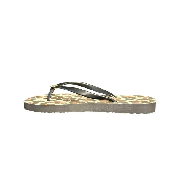 Tory Burch Leopard Print Flip Flop Sandals Women's Gold Logo, Size 6M NWOB