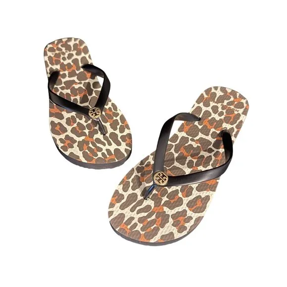 Tory Burch Leopard Print Flip Flop Sandals Women's Gold Logo, Size 6M NWOB