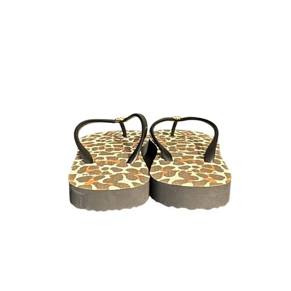 Tory Burch Leopard Print Flip Flop Sandals Women's Gold Logo, Size 6M NWOB