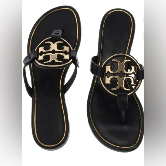 Tory Burch Miller Metal Logo Thong Sandal, Gold/black Sz-7.5